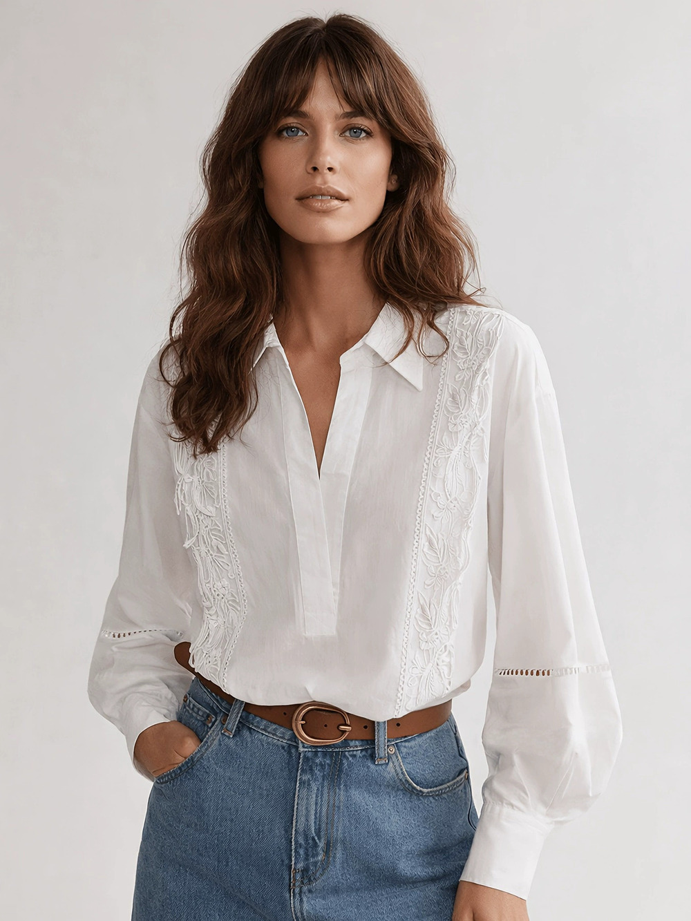 Zara Lace Embroidered Blouse Loose Spring Ruffle Collar